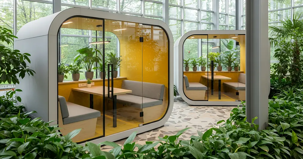 Glass sided wellness office pod with seating benches and a table<br />
